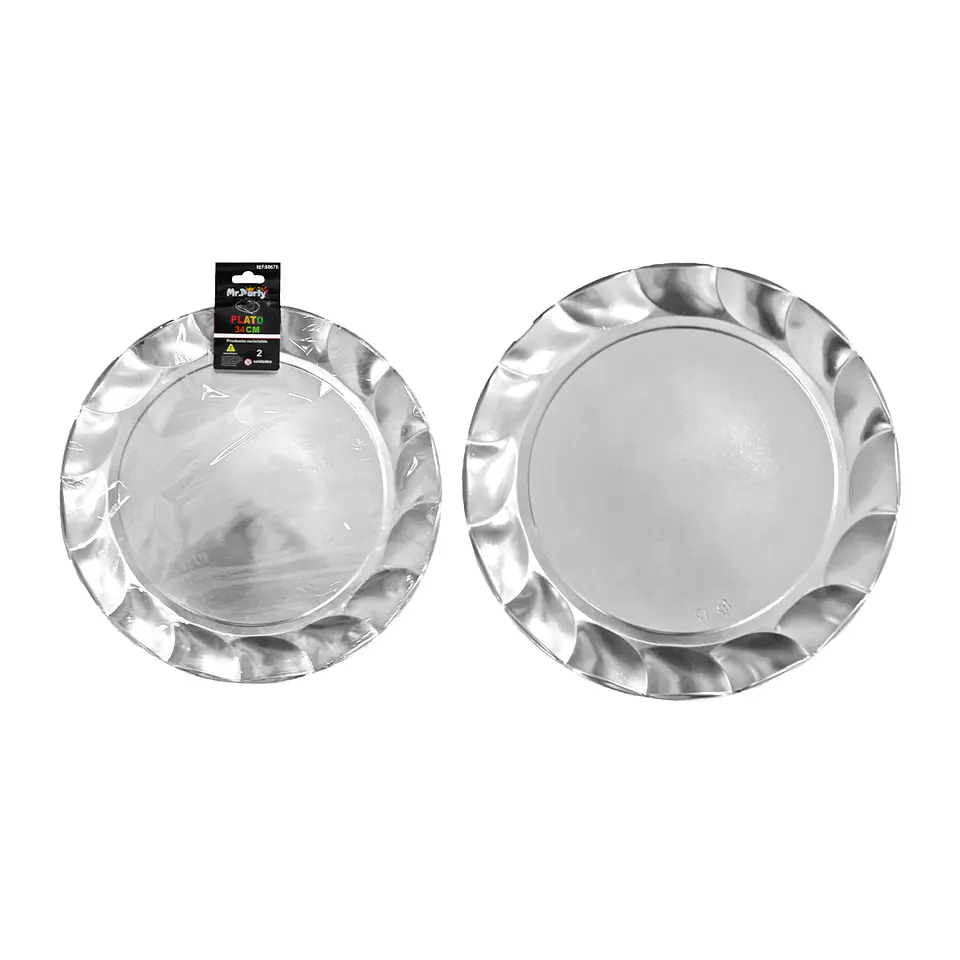Plato plástico redondo plateado con encaje 34cm 2pcs 1