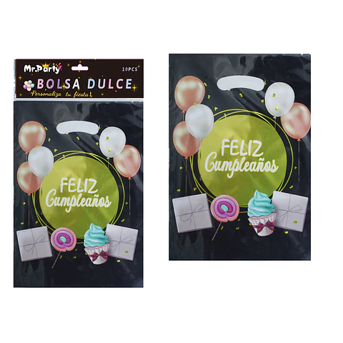 Bolsas metalizadas negros feliz cumpleaños 17*25cm 10pcs