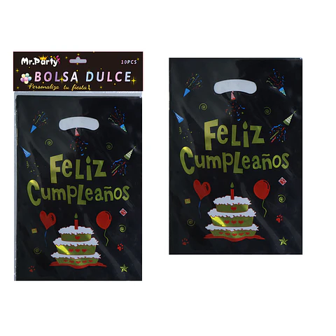 Bolsas metalizadas negro feliz cumpleaños 17*25cm 10pcs