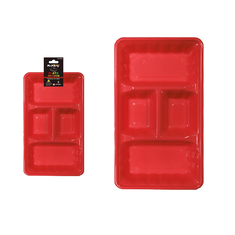 Plato bandeja rectangular de plástico con division rojo 2pcs 35*18cm