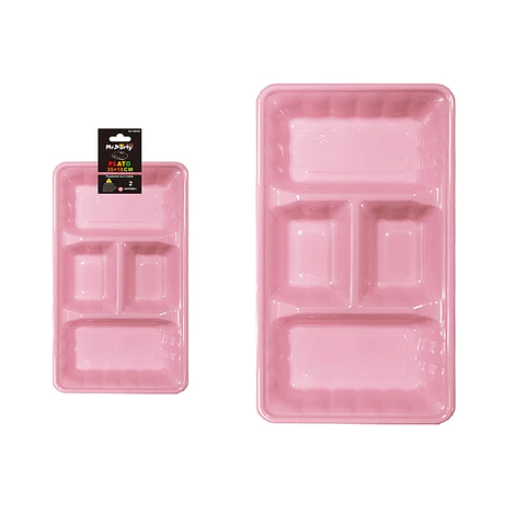 Plato bandeja rectangular de plástico con division rosa 2pcs 35*18cm