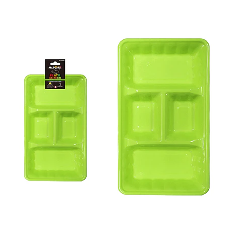Plato bandeja rectangular de plástico con division verde 2pcs 35*18cm