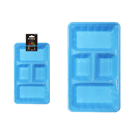 Plato bandeja rectangular de plástico con division azul 2pcs 35*18cm