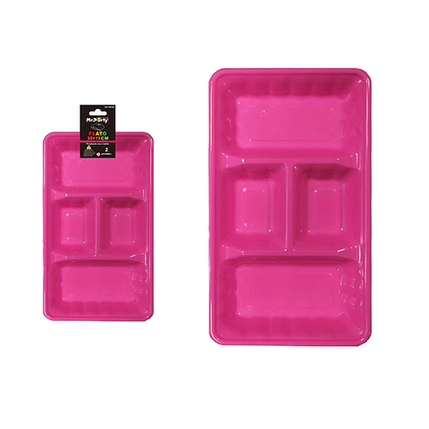 Plato bandeja rectangular de plástico con division fucsia 2pcs 35*18cm
