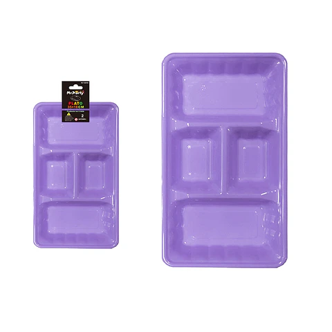Plato bandeja rectangular de plástico con division lila 2pcs 35*18cm