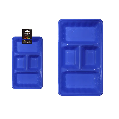 Plato bandeja rectangular de plástico con division azul 2pcs 35*18cm