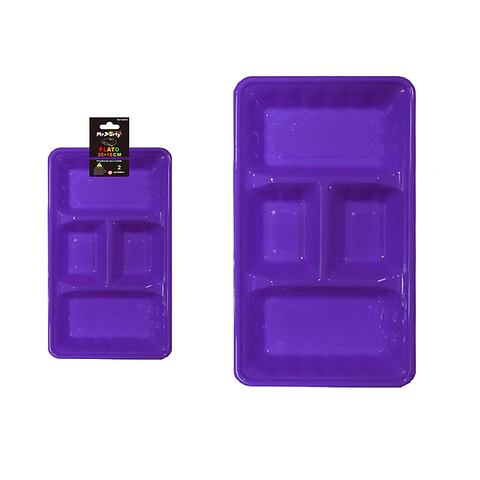 Plato bandeja rectangular de plástico con division morado 2pcs 35*18cm