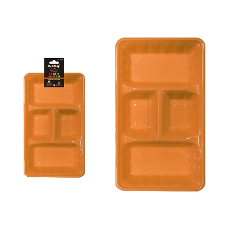 Plato bandeja rectangular de plástico con division naranja 2pcs 35*18cm
