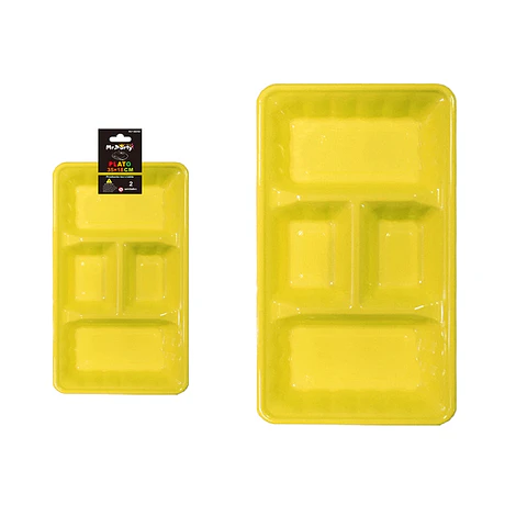 Plato bandeja rectangular de plástico con division amarillo 2pcs 35*18cm