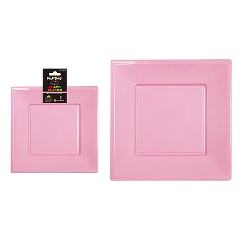 Plato cuadrado de plástico rosa 3pcs 23cm