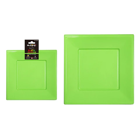 Plato cuadrado de plástico verde 3pcs 23cm