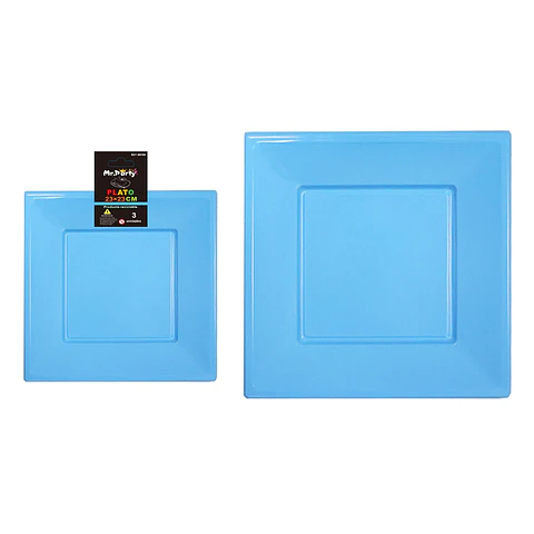Plato cuadrado de plástico azul 3pcs 23cm
