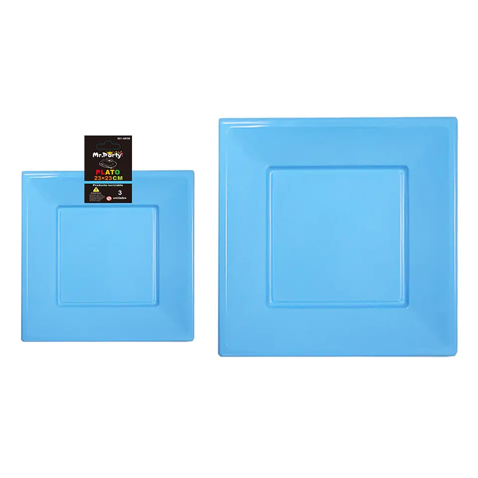Plato cuadrado de plástico azul 3pcs 23cm 1