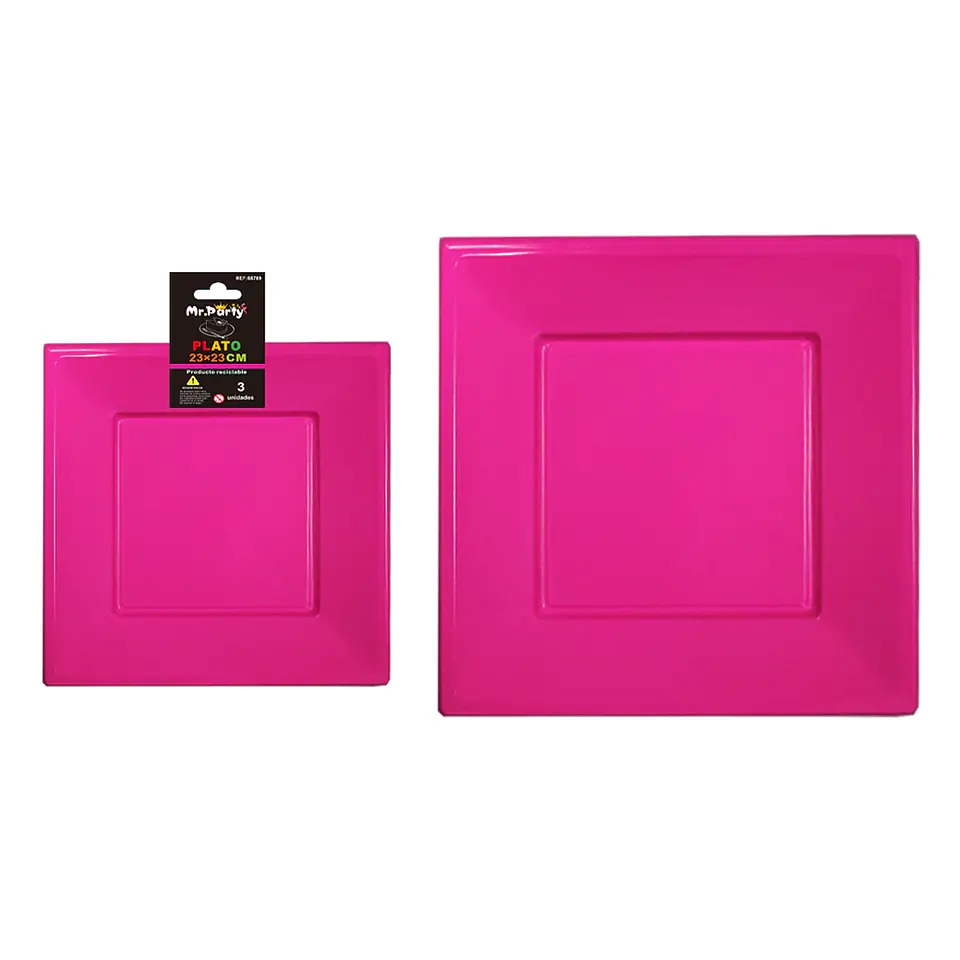 Plato cuadrado de plástico fucsia 3pcs 23cm 1
