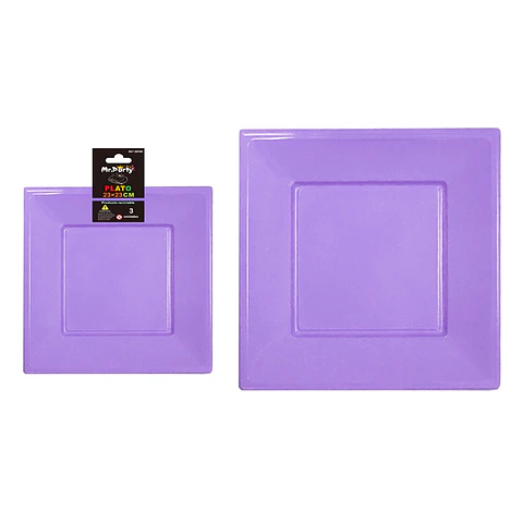 Plato cuadrado de plástico lila 3pcs 23cm