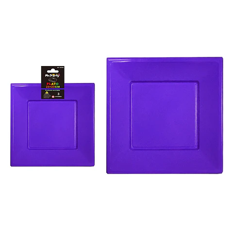 Plato cuadrado de plástico morado oscuro 3pcs 23cm