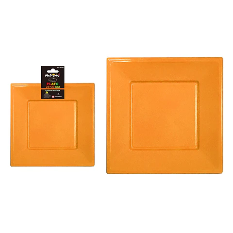 Plato cuadrado de plástico naranja 3pcs 23cm
