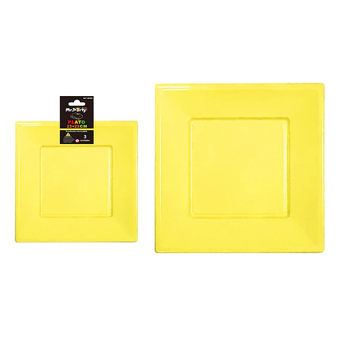 Plato cuadrado de plástico amarillo 3pcs 23cm
