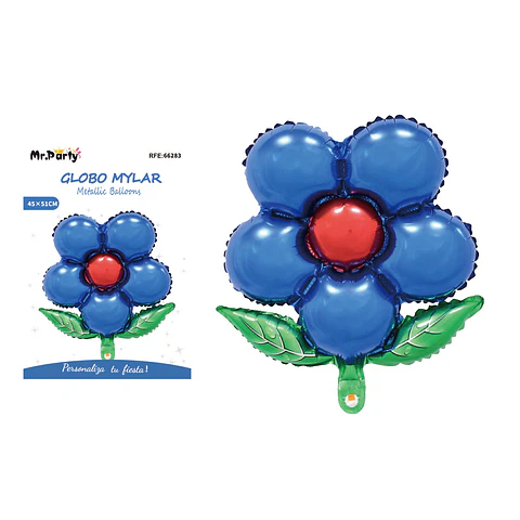 Globo metálico flor con hoja azul 45cm
