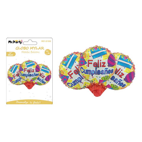 Globos metalizados redondos feliz cumpleaños multicolores 25cm 3pcs