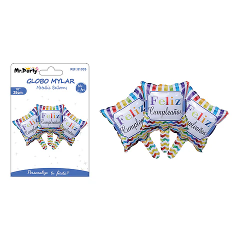 Globos metalizados cuadrados feliz cumpleaños multicolores 25cm 3pcs