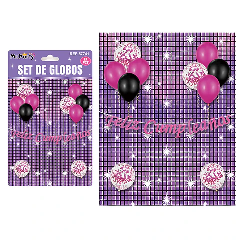 Set de globos con fondo disco morado 13pcs