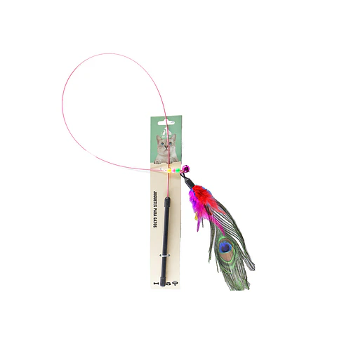 Juguete para gato varita con plumas de pavo real
