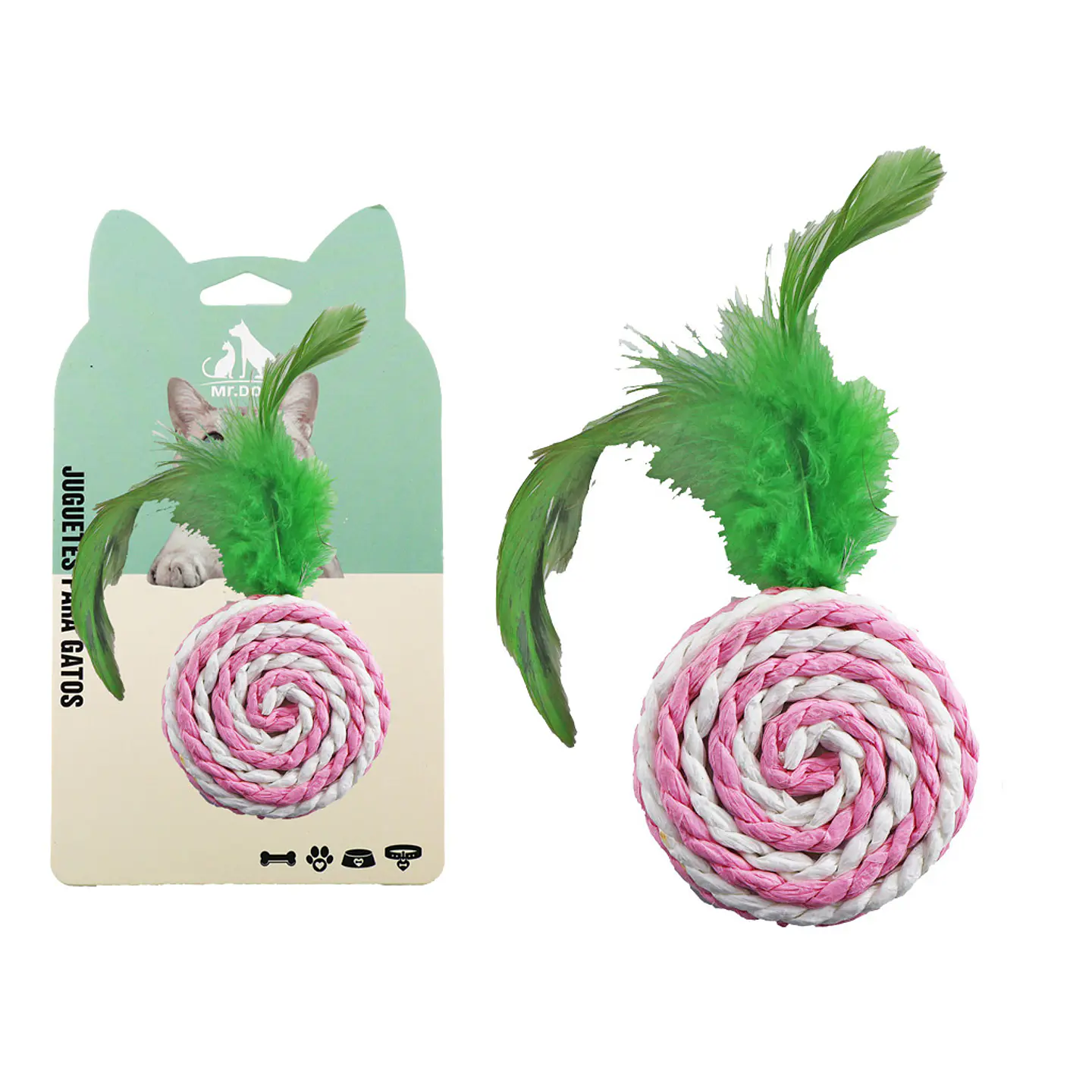 Juguete para gato pelota redonda de papel con pluma 1