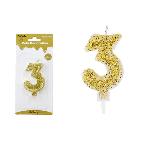 Vela de número 3 dorado con brillo 5.5cm