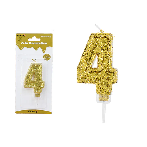 Vela de número 4 dorado con brillo 5.5cm