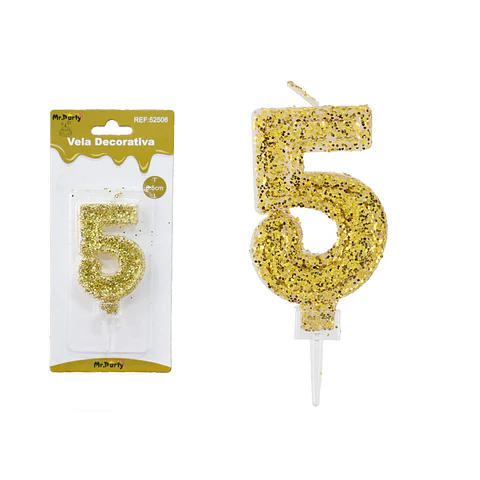 Vela de número 5 dorado con brillo 5.5cm