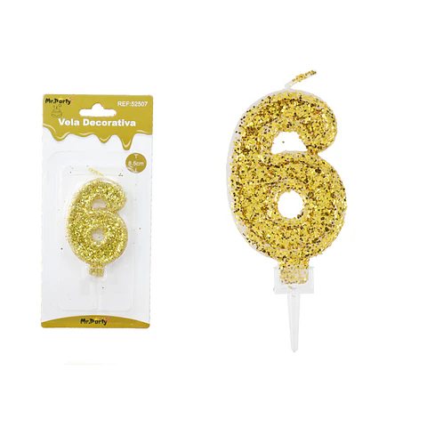 Vela de número 6 dorado con brillo 5.5cm