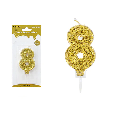 Vela de número 8 dorado con brillo 5.5cm