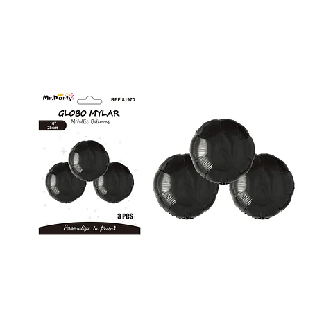 Globo metálico redondo negro 25cm 3pcs  