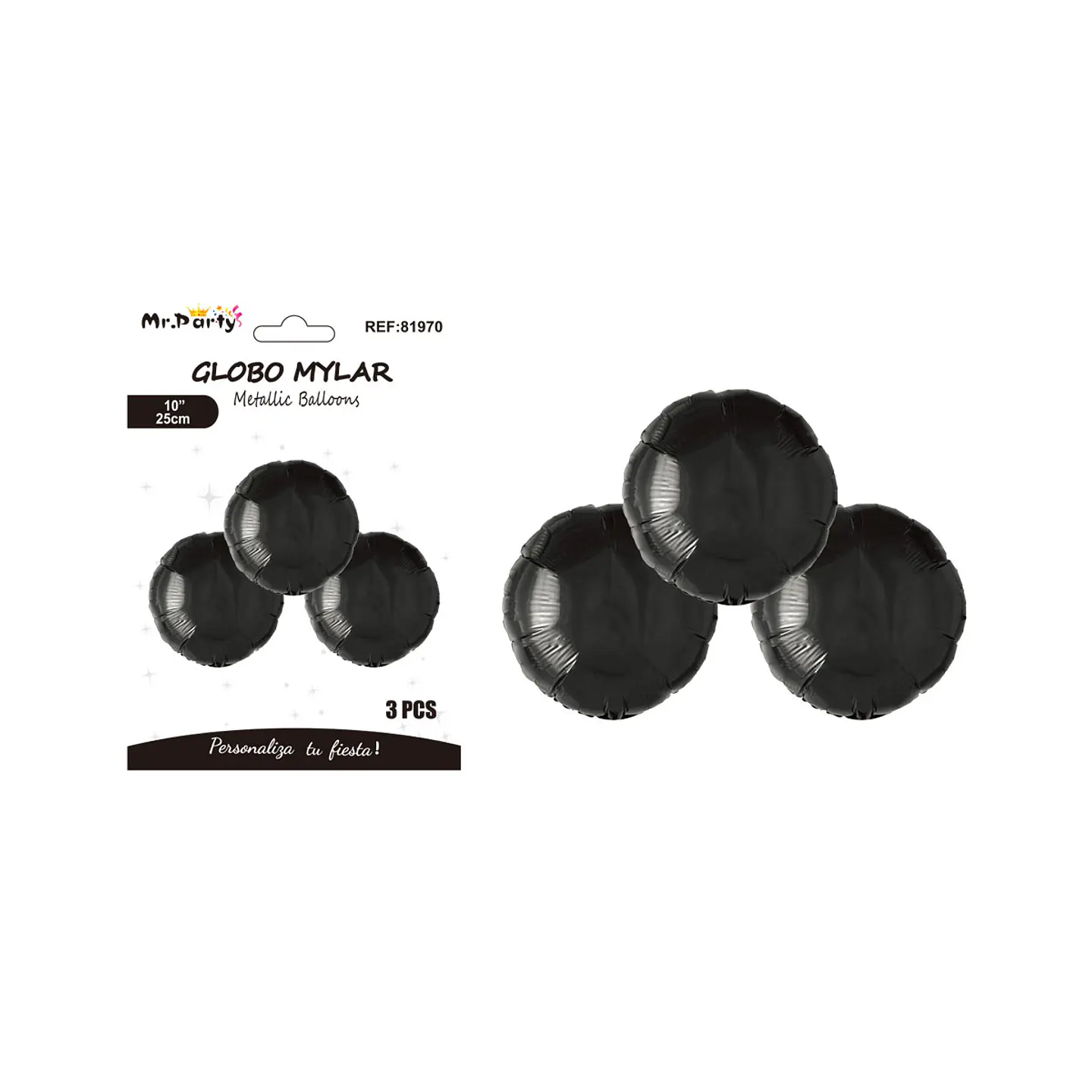 Globo metálico redondo negro 25cm 3pcs   1