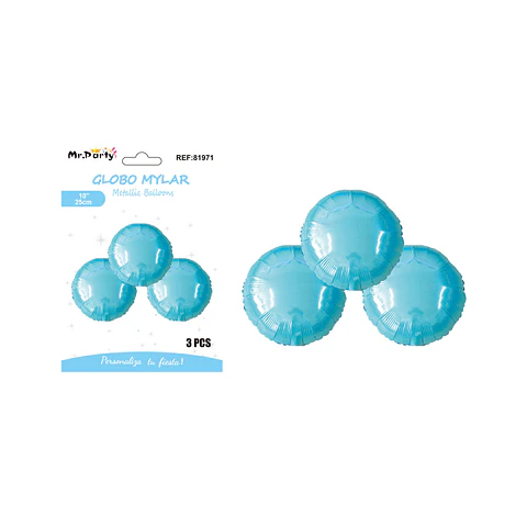 Globo metálico redondo azul claro 25cm 3pcs  