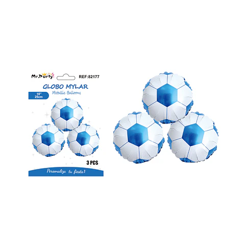 Globo metálico balón de fútbol blanco y azul 25cm 3pcs