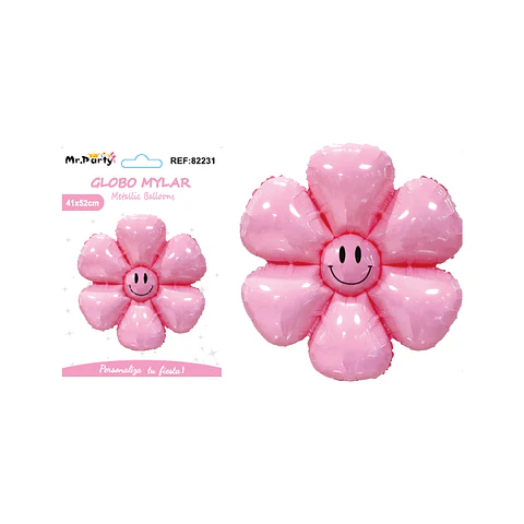 Globo metálico flor de sol con cara sonriente rosado 52*41cm