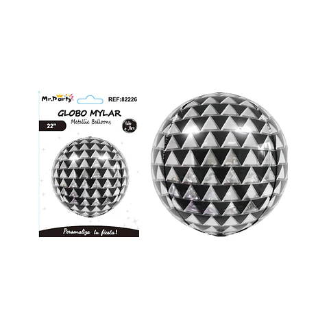 Globo metálico bola disco triángulo blanco y negro 22''