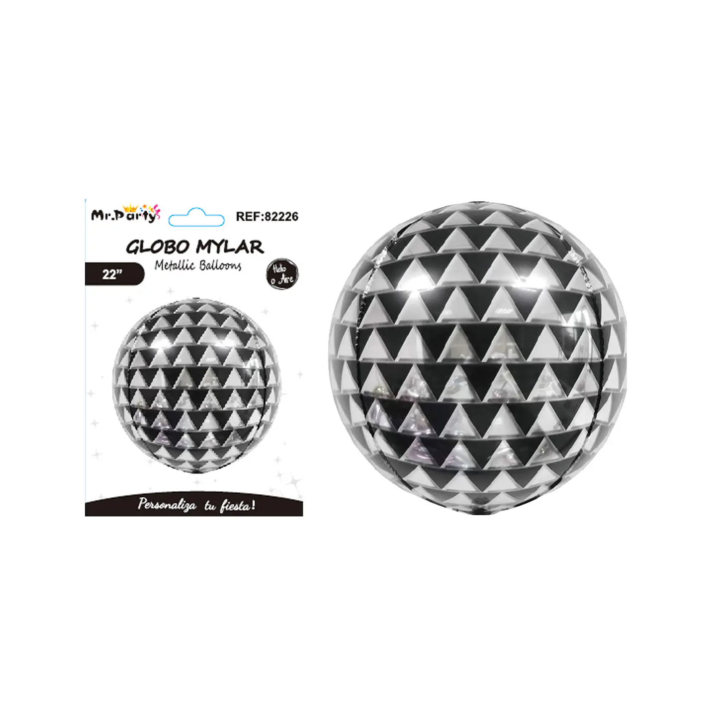 Globo metálico bola disco triángulo blanco y negro 22'' 1