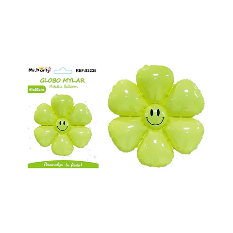 Globo metálico flor de sol con cara sonriente verde 52*41cm