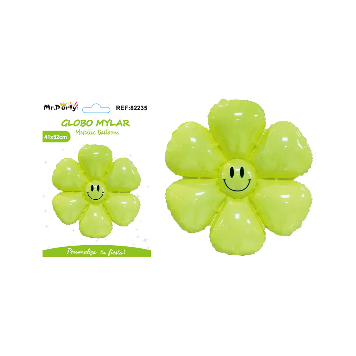 Globo metálico flor de sol con cara sonriente verde 52*41cm 1