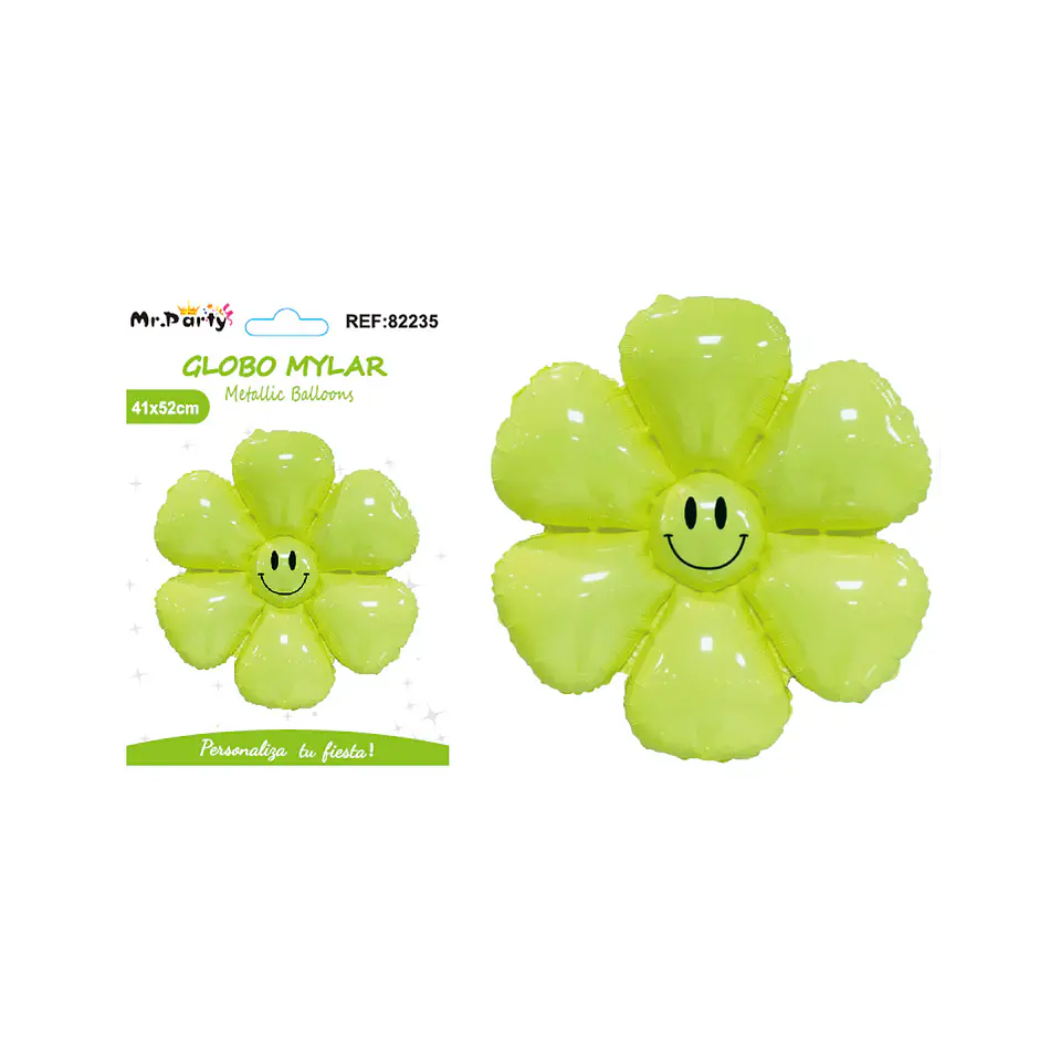 Globo metálico flor de sol con cara sonriente verde 52*41cm 1
