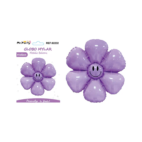 Globo metálico flor de sol con cara sonriente morado 52*41cm