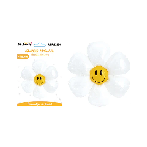 Globo metálico flor de sol sonriente blanco 52*41cm