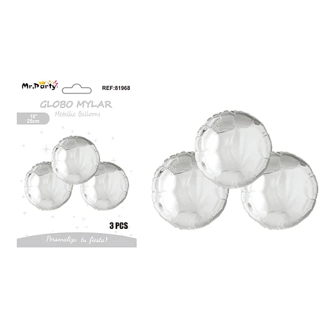 Globo metálico redondo plateado 25cm 3pcs  