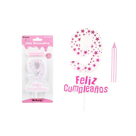 Vela de cumpleaños número 9 estrella rosado claro 