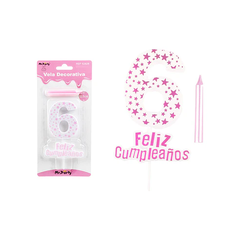 Vela de cumpleaños número 6 estrella rosado claro 