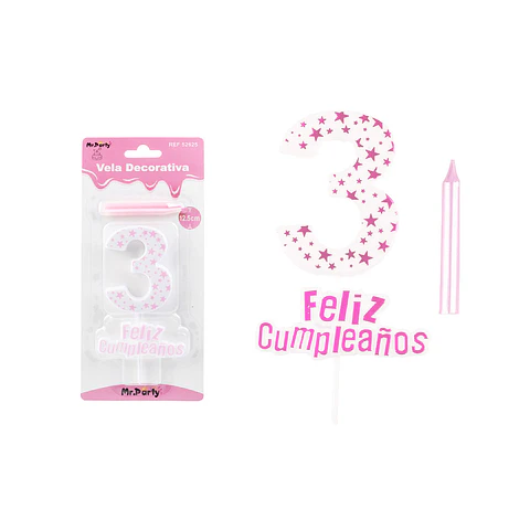 Vela de cumpleaños número 3 estrella rosado claro 