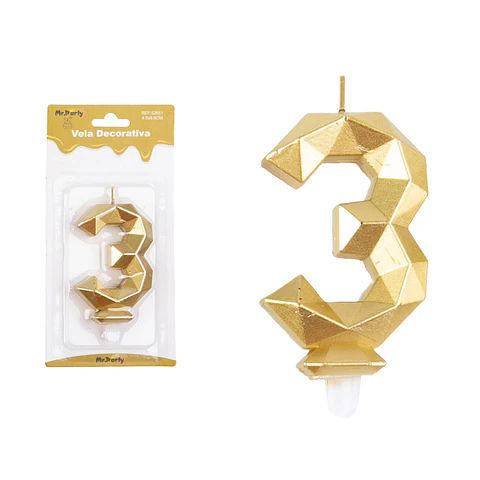 Vela de número 3 dorado en 3D 8.6cm